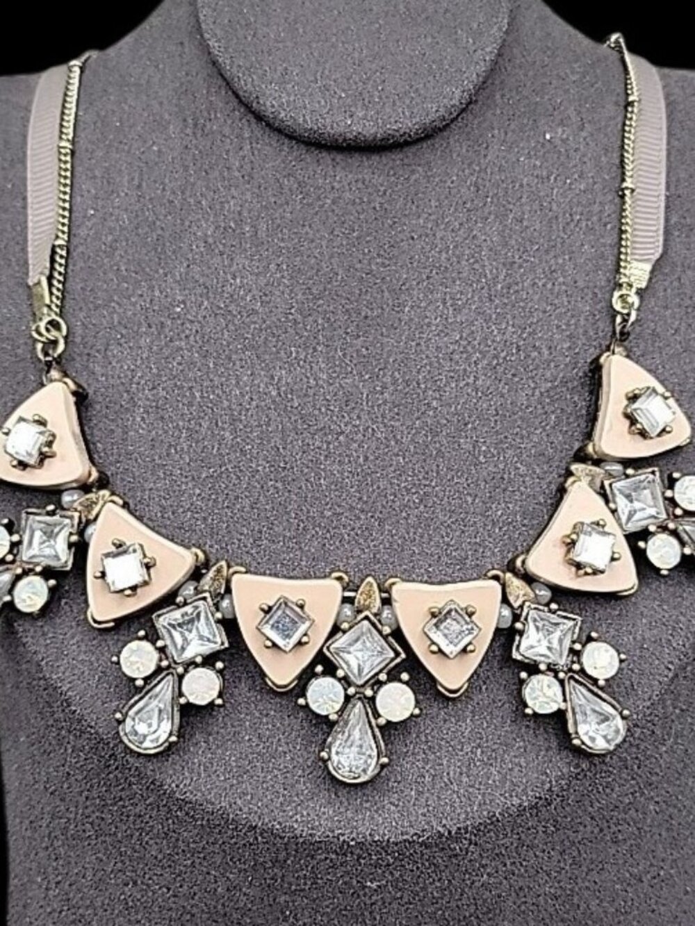 Vintage Liz Claiborne Pink Rhinestone Bib Statement Necklace 18" Cord Chain